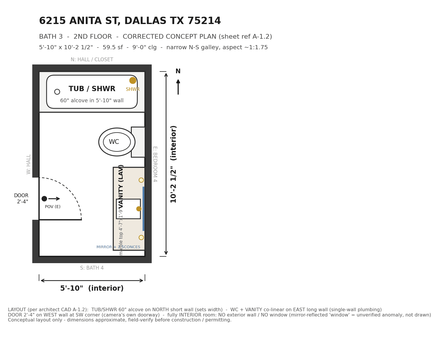 Actual engine output: a dimensioned concept plan of a second-floor bathroom at 6215 Anita Street, Dallas.